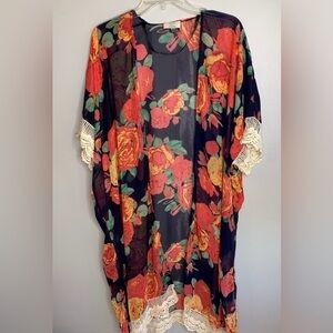DAVID AND YOUNG FLORAL CROCHET LACE TRIM LIGHTWEIGHT FLOWY BOHO KIMONO